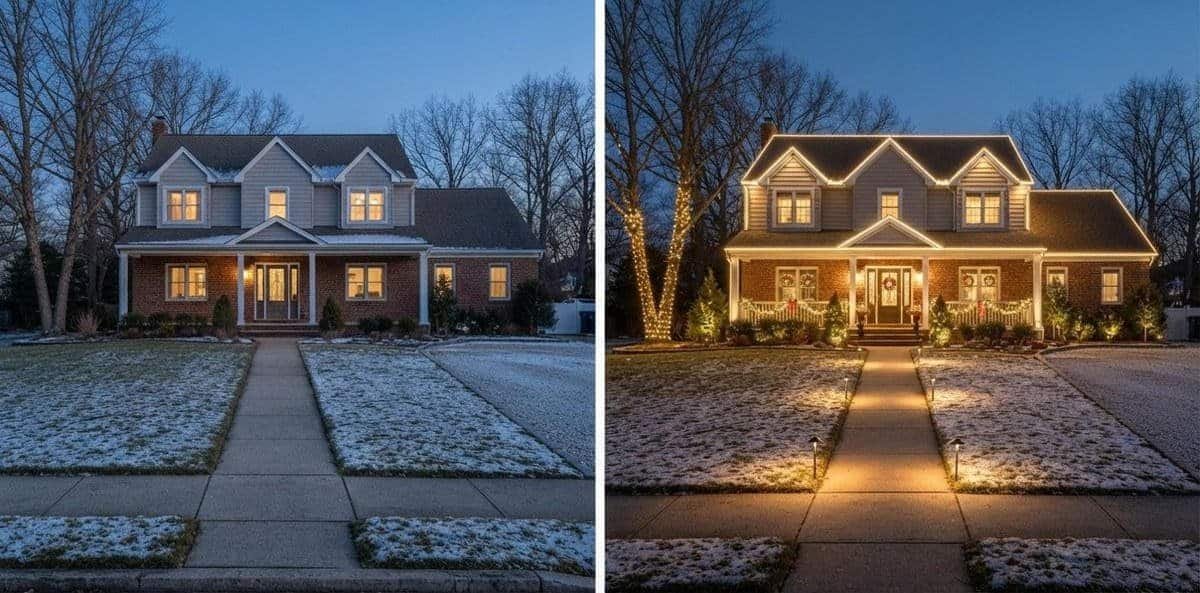 Professional holiday lighting installation before and after on a New Jersey home - Rinse Prince