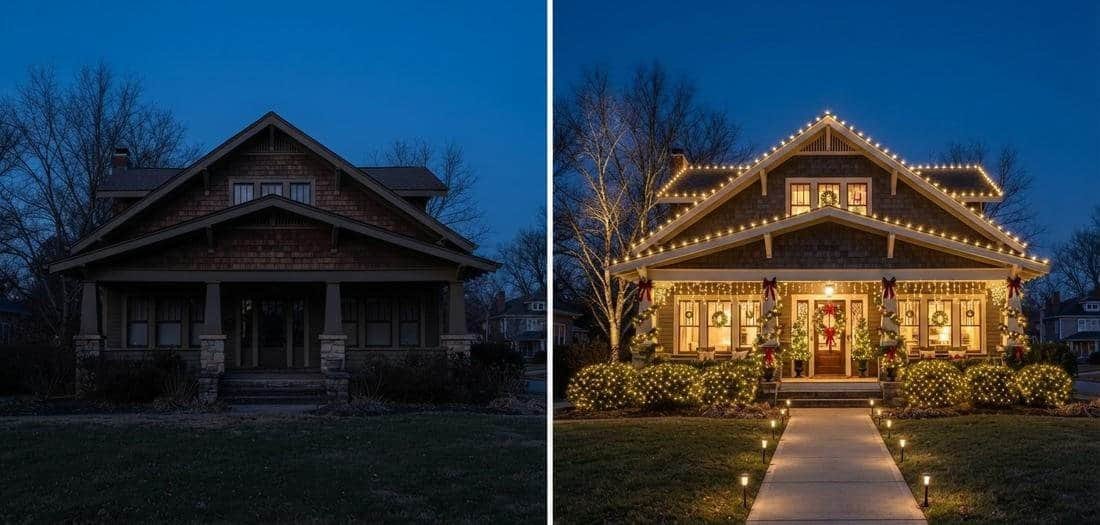 Craftsman home holiday lighting transformation before and after - Rinse Prince